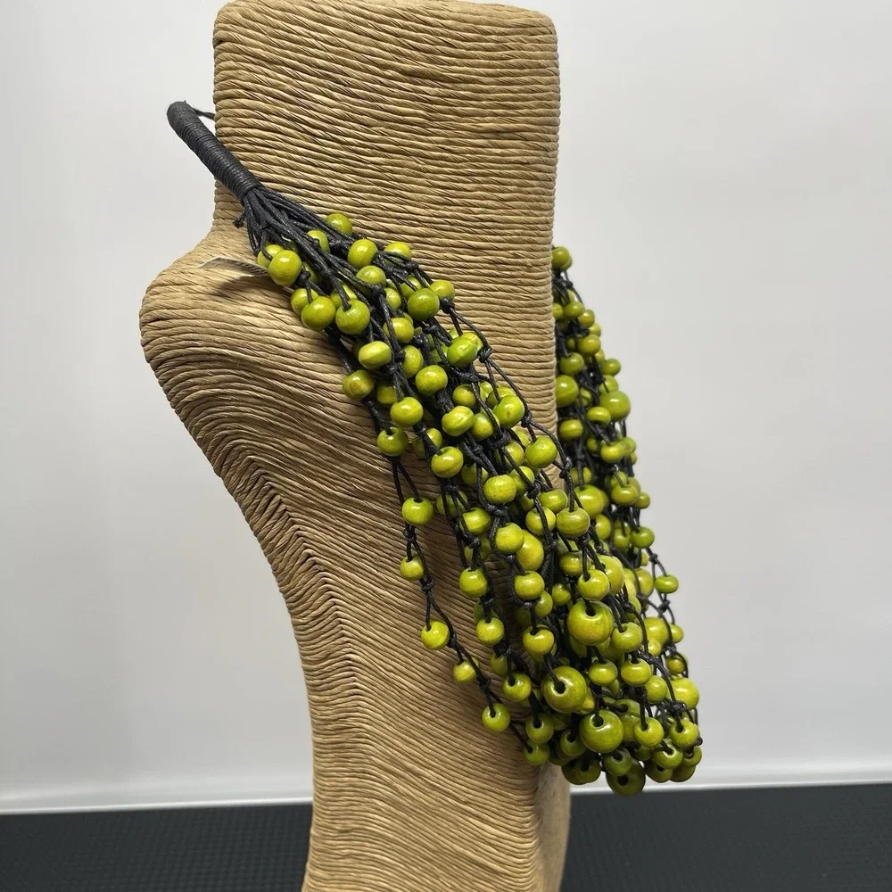 Bohemian Wooden Bead Necklace & Bracelet Set Multi Strand Chunky Lime Green